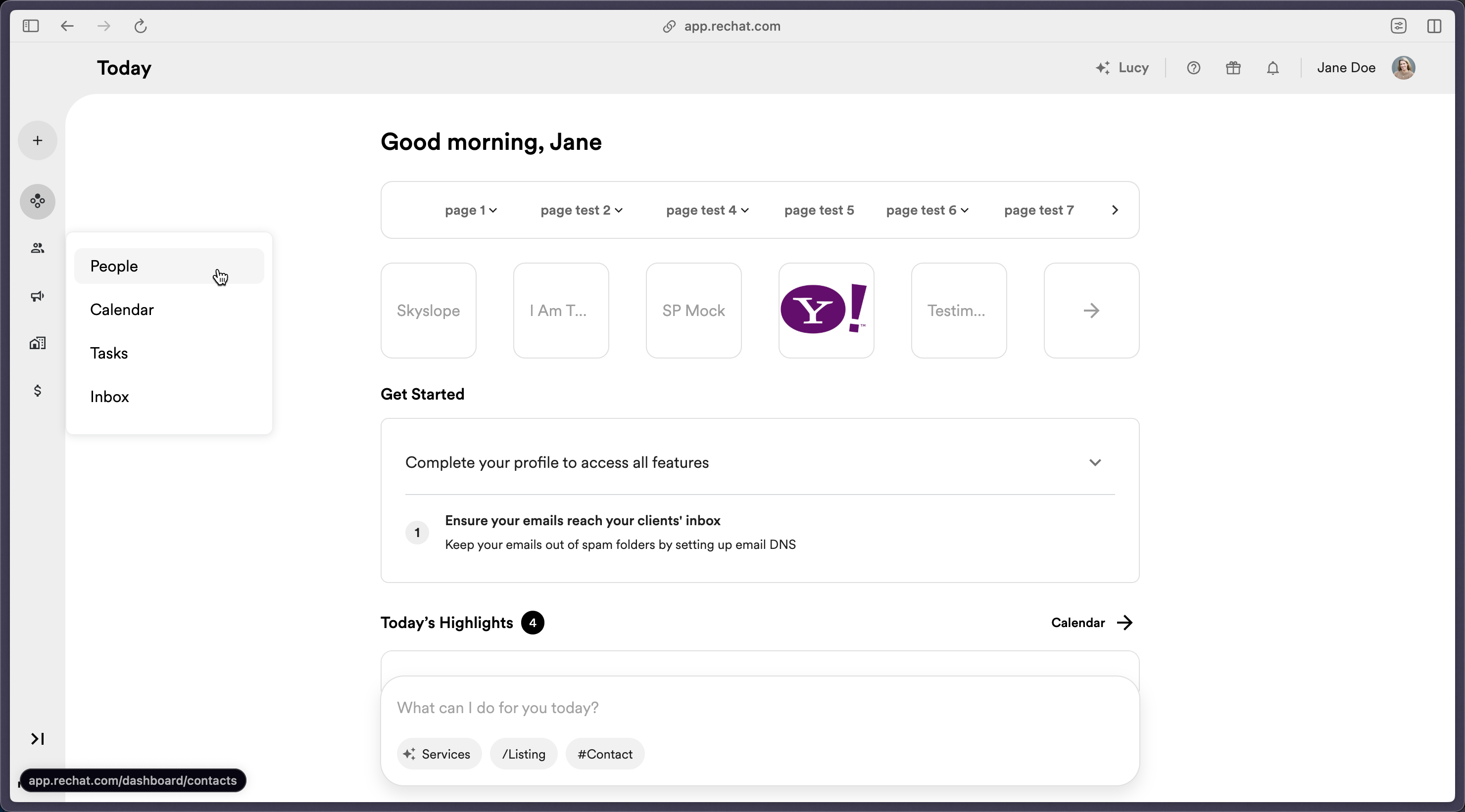 Rechat landing page dashboard with People highlight in the left-hand sidebar.