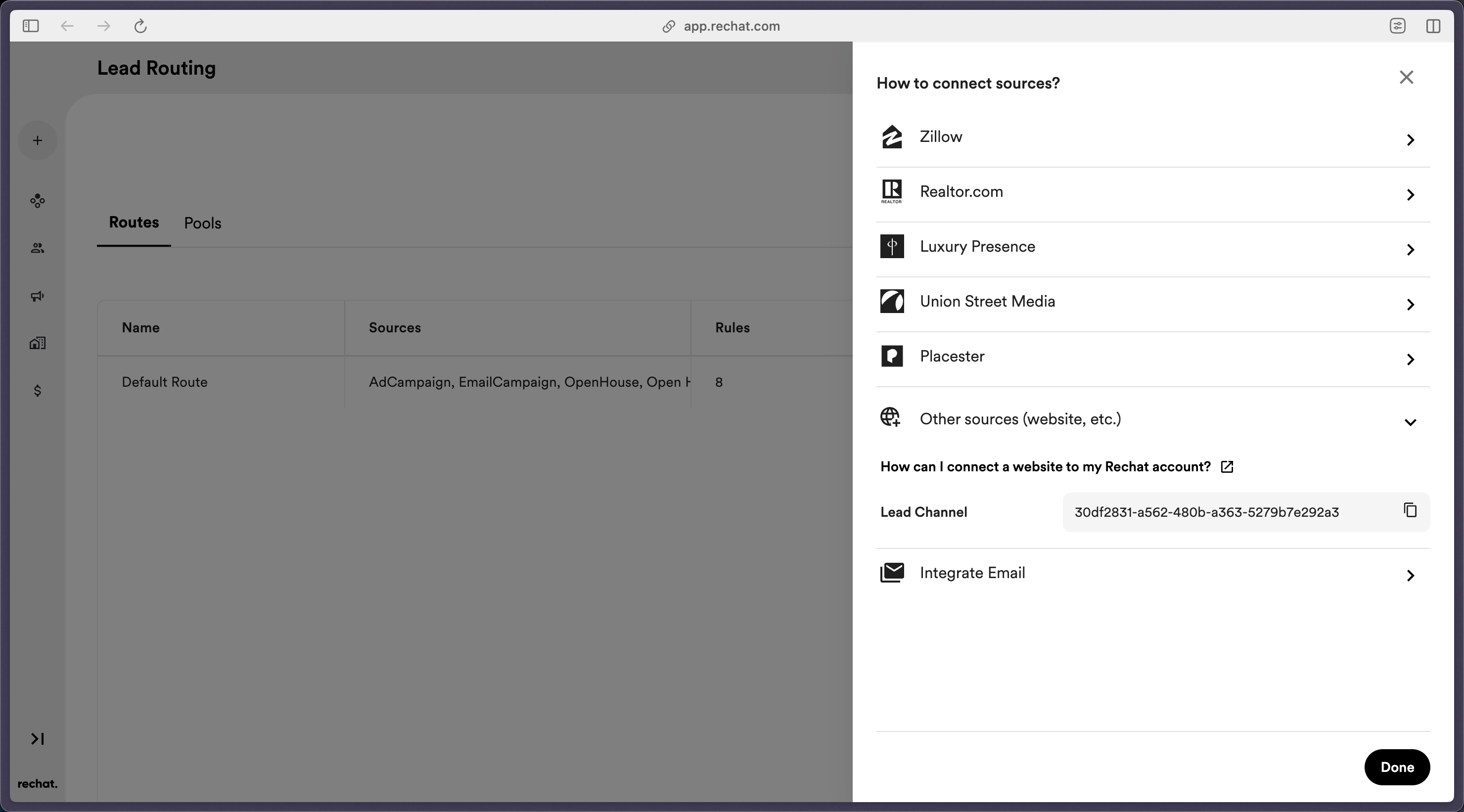 Connect sources panel with other sources section expanded.